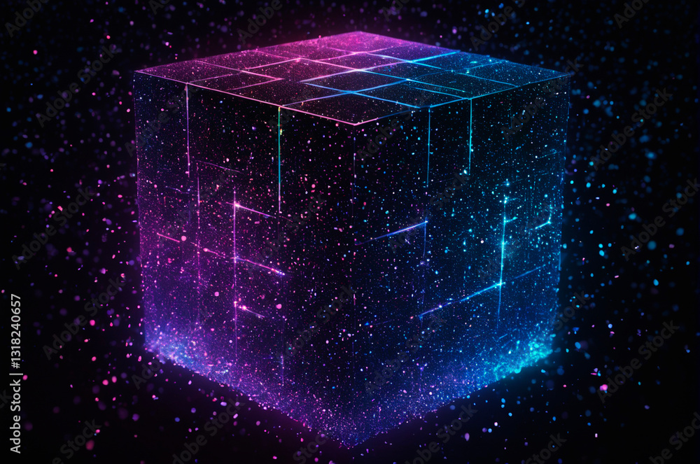 Wall mural a holographic energy cube with glowing particles on a dark background, made up of many particles. ge