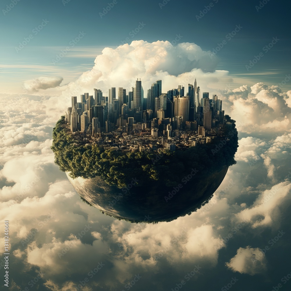 Poster a conceptual representation of a future planet featuring a floating cityscape above fluffy clouds, b