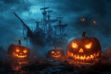 Fototapeta premium A chilling Halloween scene featuring glowing jack-o'-lanterns in the foreground and a ghostly pirate ship sailing through an eerie fog, creating a haunting atmosphere.
