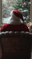 Obraz premium Santa Claus sitting in armchair looking out at snowy scene