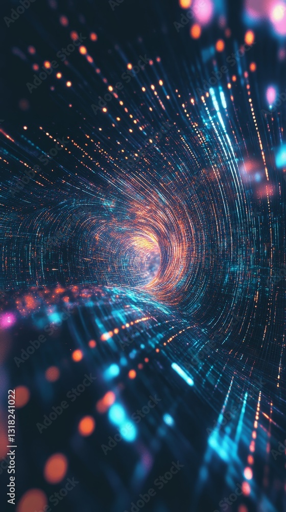 Poster immerse yourself in a mesmerizing abstract tunnel filled with vibrant light trails and glowing parti