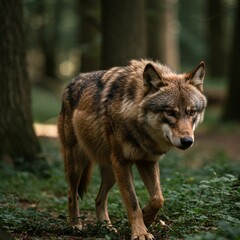 Fototapeta premium Wild Wolf Gazing Intently While Walking in Nature
