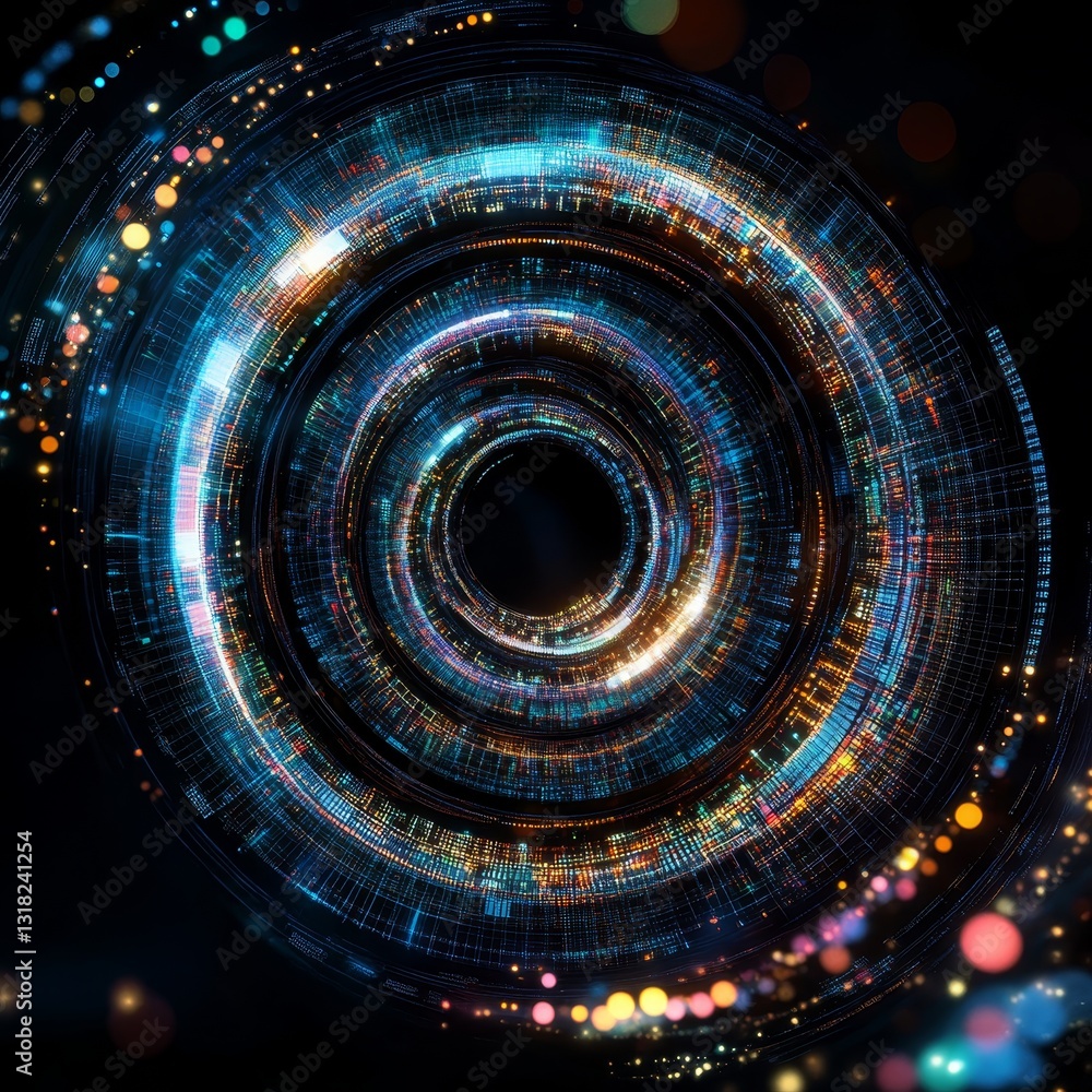 Poster a stunning abstract digital spiral showcasing colorful lights and data streams, creating a mesmerizi
