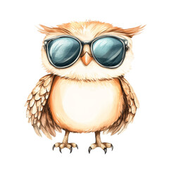 Naklejka premium A cute cartoon baby owl wearing stylish sunglasses stands confidently against a plain background, showcasing, Cute cartoon character baby owl wearing sunglasses transparent background. Owl transparent