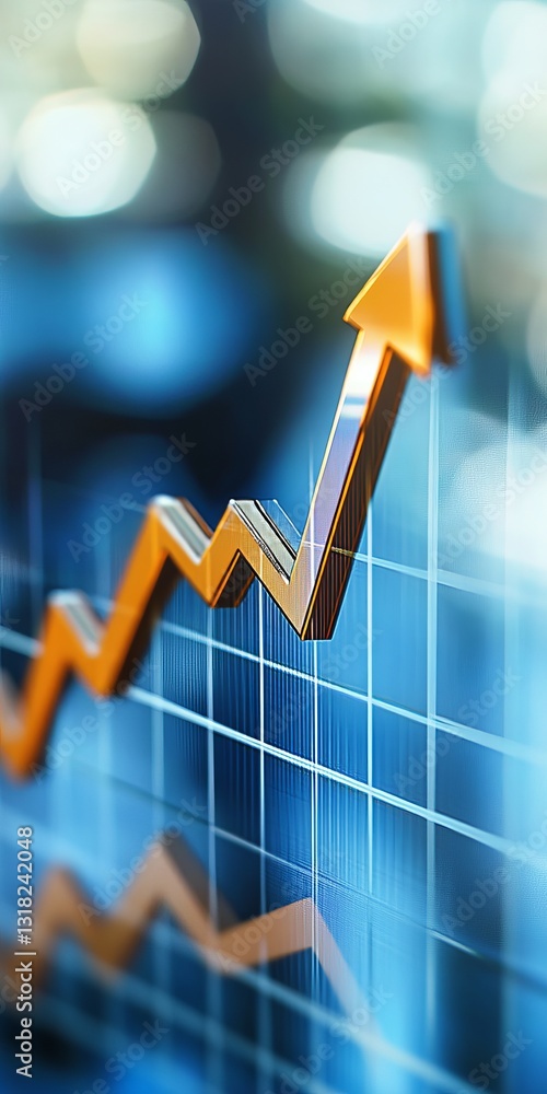 Poster a graph with a yellow arrow pointing upwards. the graph is blue and the arrow is orange. the graph i