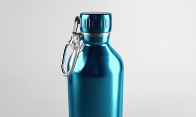 Blue metal water bottle with clip on white background, close-up for product shots