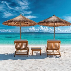 Obraz premium Tropical beach with sun loungers and umbrellas.