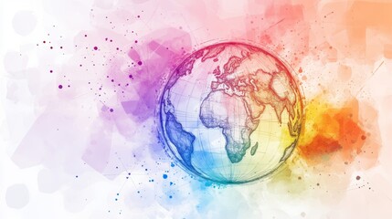 This colorful abstract illustration features a globe surrounded by artistic splashes. It symbolizes global connection and creativity, perfect for travel and environmental themes.