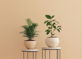 Fototapeta premium Various potted plants on small side tables against a beige background, creating a minimalist and natural home decor aesthetic