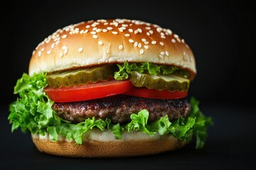 Juicy beef burger with lettuce, tomato, and pickles on a sesame seed bun. (1)