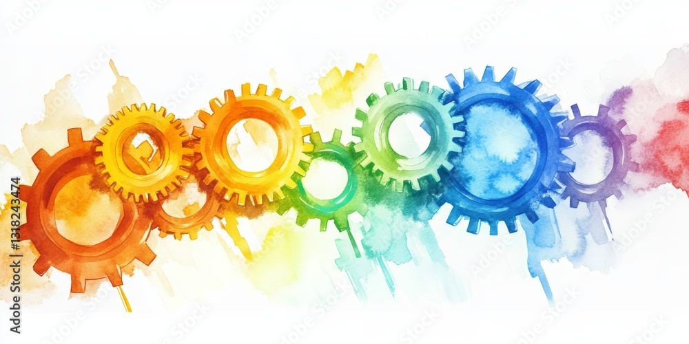 Poster bright and colorful watercolor gears create a dynamic visual. perfect for creative projects, this il