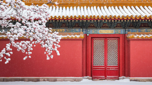 Forbidden City in winter with red wall and snow-covered blossoms