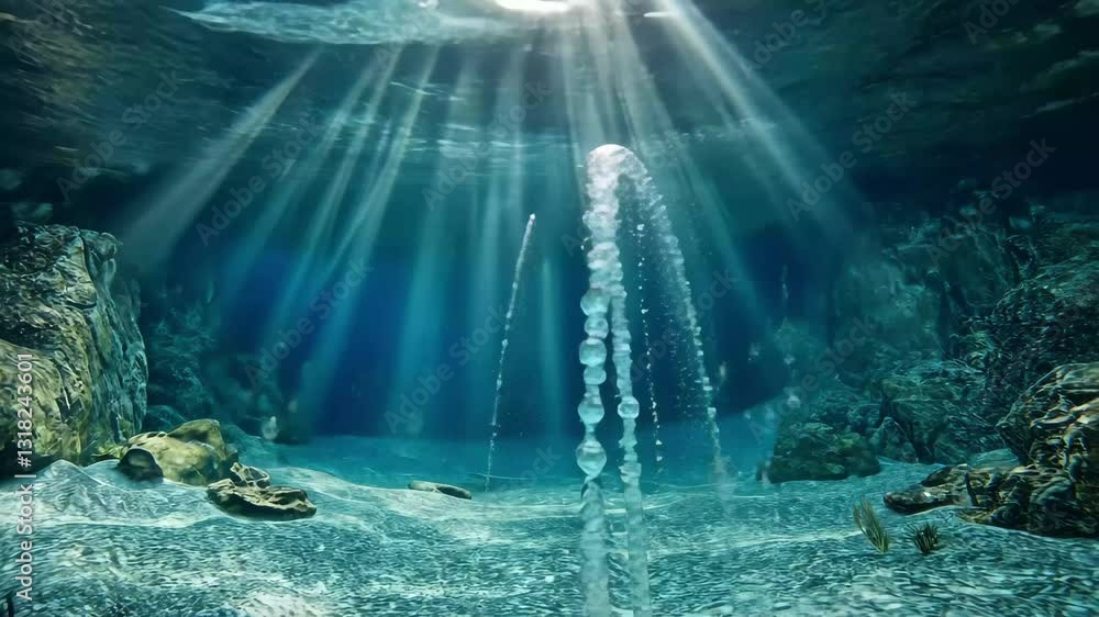Poster beautiful underwater view with rising bubbles and sunlight filtering through ocean surface, computer
