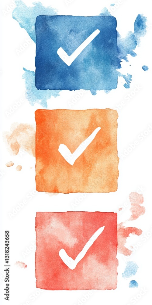 Poster three different colored squares with a check mark in the middle. the squares are orange, blue, and r
