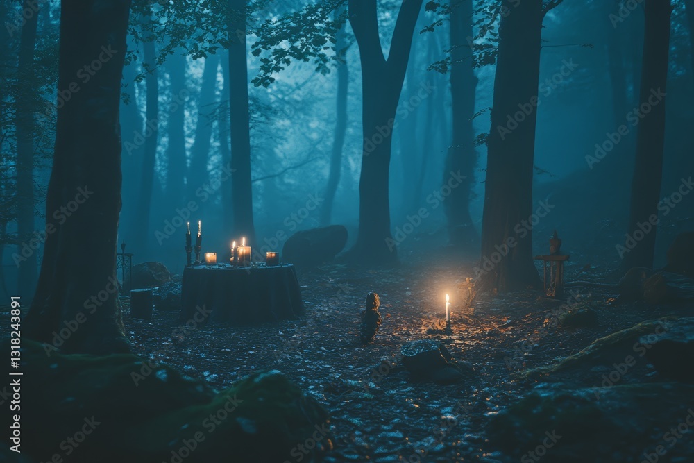 Poster this enchanting forest scene features a dimly lit table surrounded by candles, enveloped in mist, cr