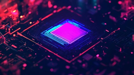 Futuristic Tech Chip  Neon Glow  Digital Circuitry  Abstract Background