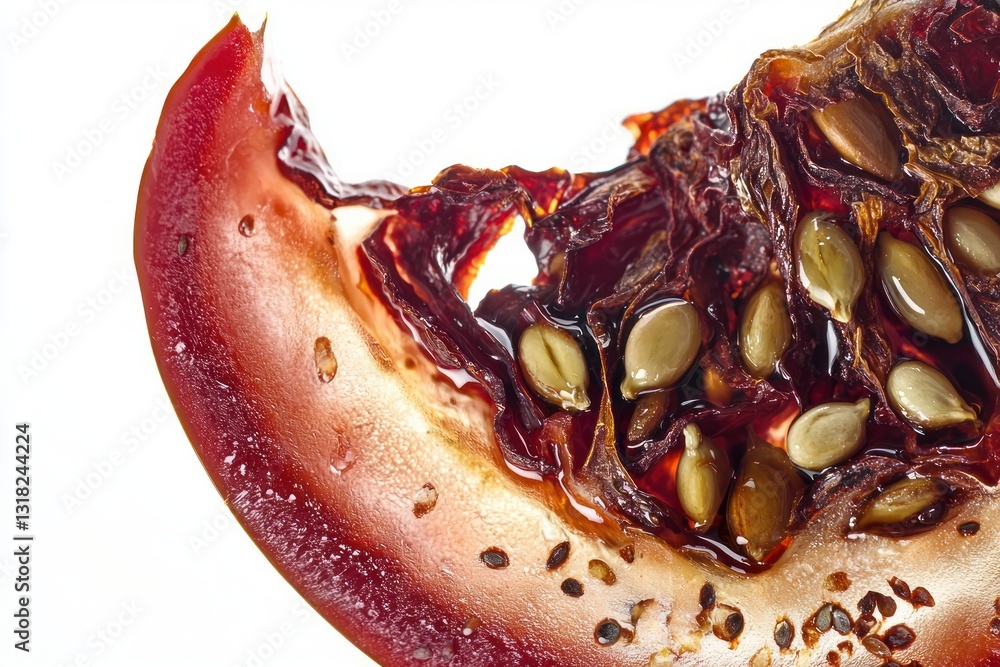 Poster appetizing close up view of a reddish orange slice displaying vibrant color and texture on a white b