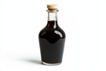 Minimalist studio shot of a glass bottle containing dark balsamic vinegar with wooden cork on white background