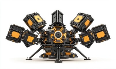 Futuristic spacecraft lander deployed on white background, exploration concept