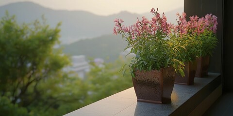 A sleek urban balcony garden showcasing a blend of herbs and decorative flowers in perfect harmony.