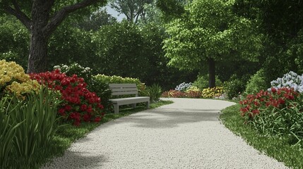Serene garden scene with winding paths adorned with varied plants, culminating in a cozy seating nook beneath a grand tree.