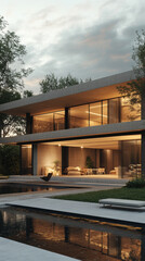 Fototapeta premium Modern house with pool reflecting architecture