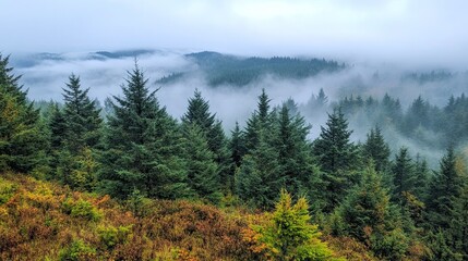 Misty Evergreen Forest Wrapped in Fog 