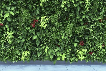 A vertical garden wall adorned with cascading herbs and flowers against a sleek urban backdrop.