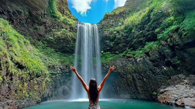 Woman enjoying the beauty of Cascata dos Anjos beneath a serene waterfall in nature, Cascata dos Anjos woman standing under Angels waterfall in Madeira vertical video for social media