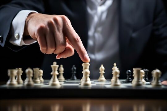 Chess Strategy: Businessman Planning Next Move on Chessboard. Strategic Thinking, Business Leadership, & Game Plan Concept. Stock Photo