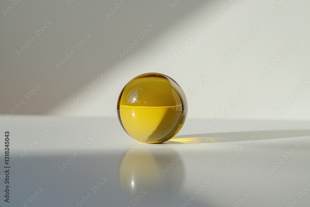 Poster spherical amber orb on a clean white surface creating minimalist contrast with a subtle light shadow