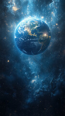 Obraz premium Earth from space with a blue nebula background