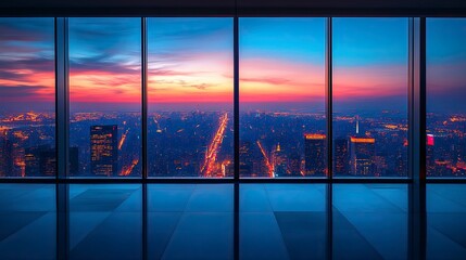Night view of empty skyscraper observation deck with city lights