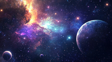 Colorful nebula and planets in space