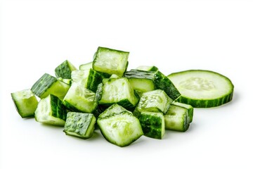 Fresh cucumber cubes and slices vibrant green hues on white backdrop studio shot healthy vegetarian diet