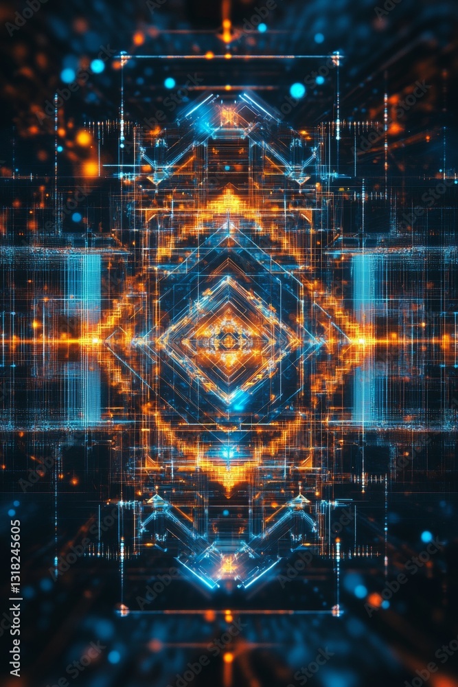 Poster intricate abstract digital pattern with neon lights and geometric shapes in a futuristic style