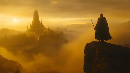 Guardian's Vantage Point: A solitary figure stands silhouetted against a breathtaking cityscape, silhouetted in dramatic fashion, as they survey an epic fantasy world