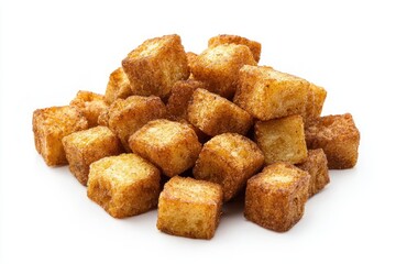 Heap of Golden Brown Crispy Croutons on White Background Displaying Culinary Perfection in Studio Shot