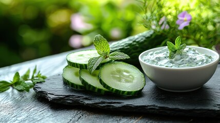 Refreshing cucumber slices with mint leaves and yogurt dip presentation in rustic style and vibrant color