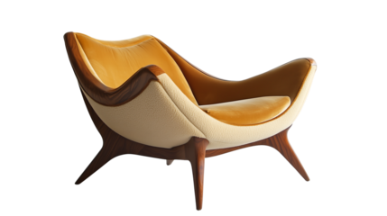 Png Modern MidCentury Lounge Chair Elegant Design, Walnut Wood, Yellow Velvet isolated on transparent background