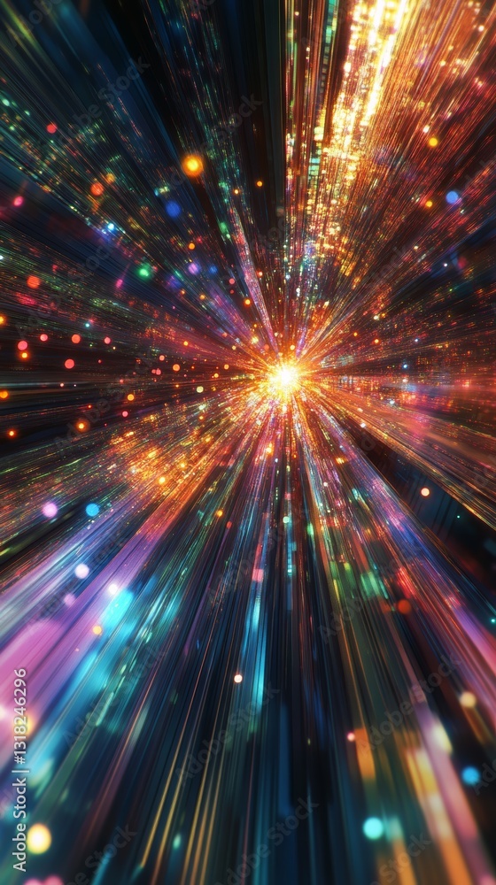 Poster this abstract image features a vibrant burst of colorful light and glowing particles, creating a cap