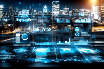 Obraz premium Computer monitor displays a cityscape with a lot of data on it. Concept of technology and urban life