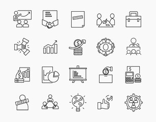 A collection of 20 business and finance outline icons in a clean, minimalistic monoline style