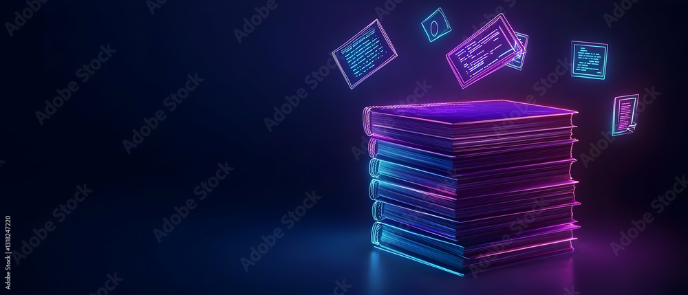 Poster 3d rendered glowing neon purple and blue data storage cube with floating data packets in dark backgr