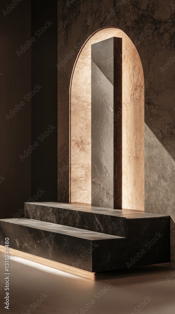 Poster elegant stone staircase with illuminated archway and textured bronze backdrop for product display