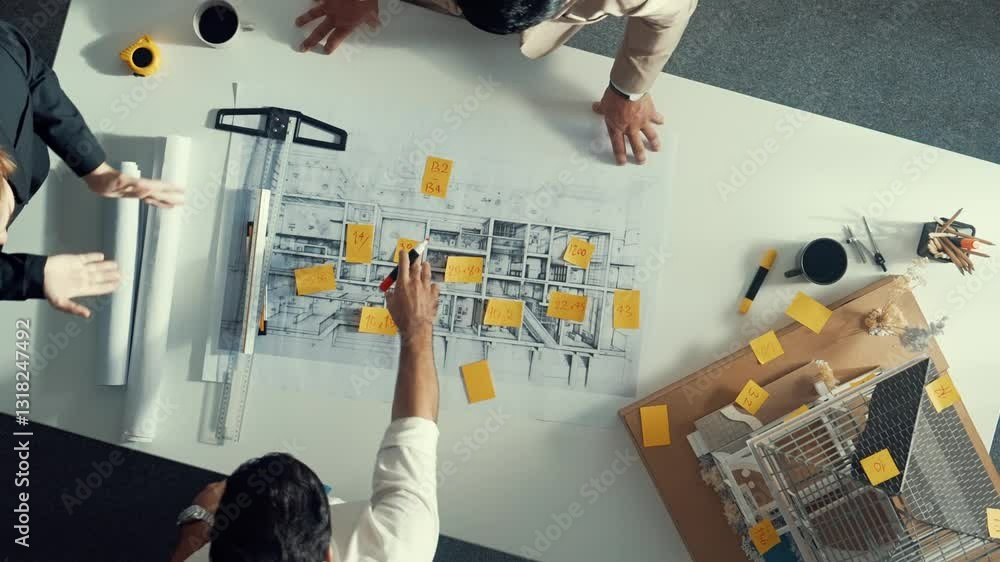 Poster top down view of architect engineer writing building structure idea on note and stick on blueprint. 