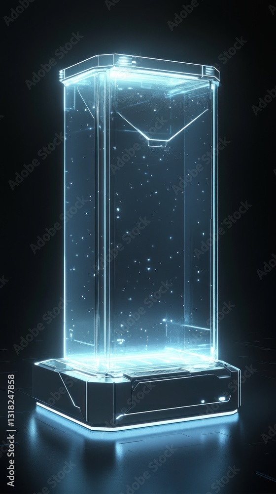 Poster glowing futuristic display case with geometric details illuminating mysterious black backdrop