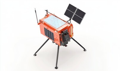Orange lunar lander with solar panels deployed on white background, for space exploration