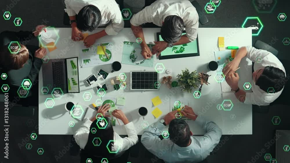 Poster top view of professional business team working together to brainstorm environmental idea by using mi