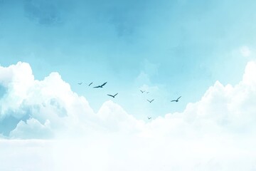 A breathtaking view of a serene sky filled with soft clouds and birds in flight, capturing the essence of tranquility and natural beauty in a clear daytime atmosphere.